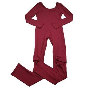 Many Many Jumpsuit Womens M Red Plain Long Sleeve Scoop Neck Distressed Knee